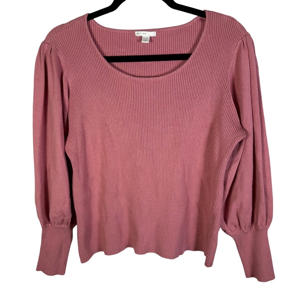 EST 1946 Women's Pink Ribbed Puff Sleeve Square Neck Sweater Plus Size 18 20W